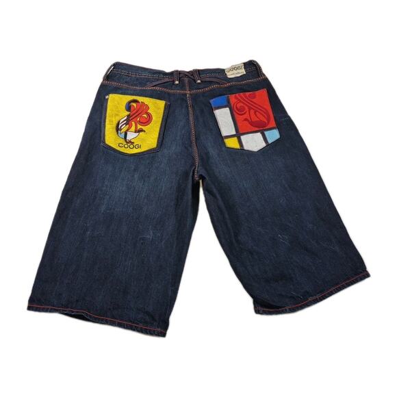 Vintage Y2K Coogi Embroidery Long Wide Jean Shorts Birds Size 44 Rare - Picture 1 of 8
